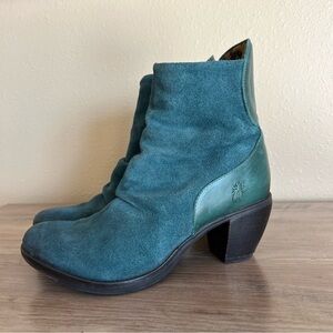 Fly London Hota Suede Leather Heeled Ankle Boots Women’s Size 40/9-9.5 Teal Zip
